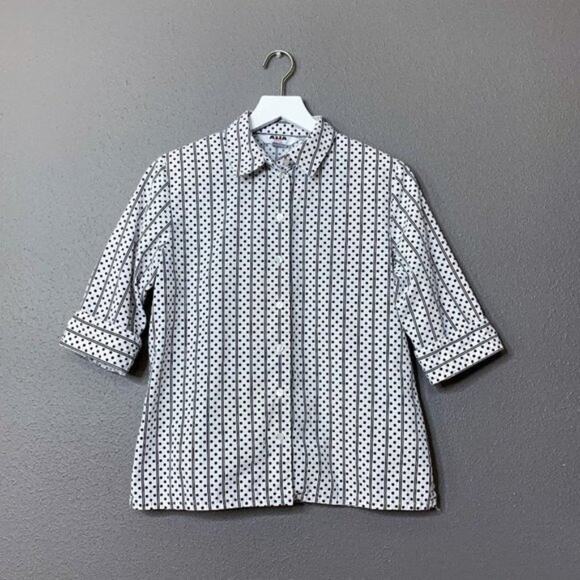 VINTAGE 90s {Alia Sport} Striped Polka Dot Button-Up Shirt 8 Petite Medium 8P - Picture 1 of 6
